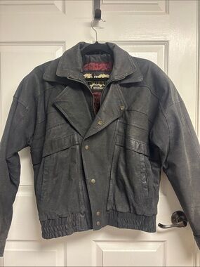 Vintage 90's Fluid International Black Leather Bomber Jacket with Silk Lining